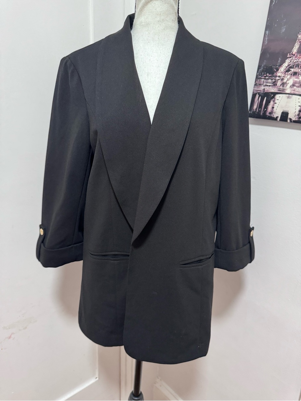 Anne Klein Black Shawl-Collar Blazer with Rolled Cuffs